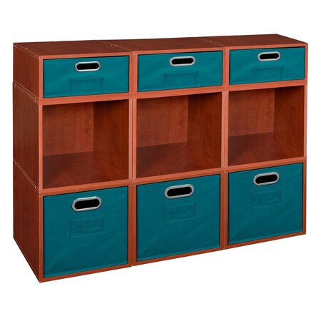 Regency Niche Cubo Storage Organizer Open Bookshelf Set- 6 Full Cubes/3 Half Cubes with Foldable Storage Bins- Cherry/Teal PC6F3HWC-3F3HTL